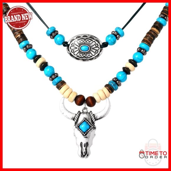 Jewelry - Layered Turquoise Beaded Necklace with Bull Skull Pendant Adjustable